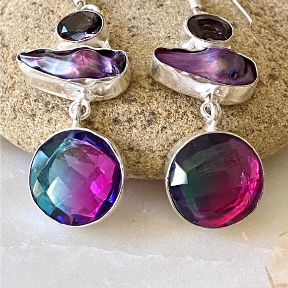 Bicolor Tourmaline, Biwa Pearl And Amethyst Earrings - Picture 7 of 9